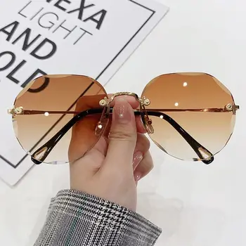 Brūns Bez Apmales Saulesbrilles Sieviešu Zīmola Dizainere Daudzstūris Slīpums Saules Brilles Sieviešu Griešanas Objektīvs Dāmas Bezrāmju Metāla Brilles