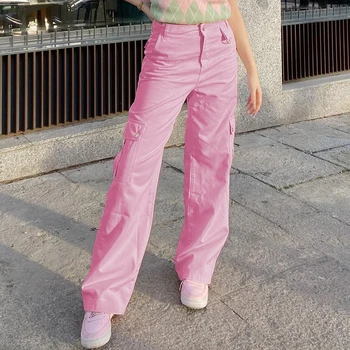 IAMSURE Y2K Zaudēt Rozā Džinsi Atdzist Kabatas Augstas Starām. Kravas Bikses Plaša Kāju Bikses Sievietēm Ir 2021. Modes Gadījuma Streetwear Salds 90S