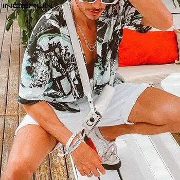 Ir 2021. Modes Iespiesti Vīriešu Krekls Streetwear nolocīt Apkakli, Īsām Piedurknēm Havaju Shits Elpojošs Vasaras Camisas Hombre INCERUN