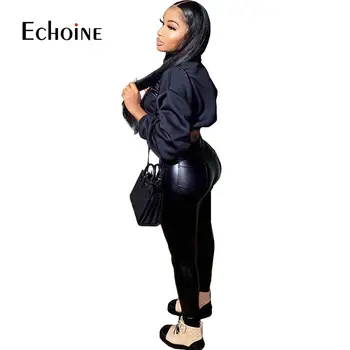 Echoine Sieviešu Modes Biker Bikses SetsLong Piedurknēm Top Stāvēt Kaklu Raibs PU Ādas Izdilis Bikses divas gabals, kas ietilpst apģērbu