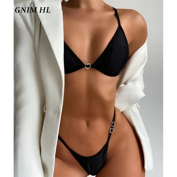 GNIM Sexy Trīsstūris Peldkostīmi Sievietes 2 Gabali Sandales BIkini Komplekts Ir 2021. Black Mikro Peldkostīmu Sieviešu High Cut Backless Peldēšanas peldkostīms